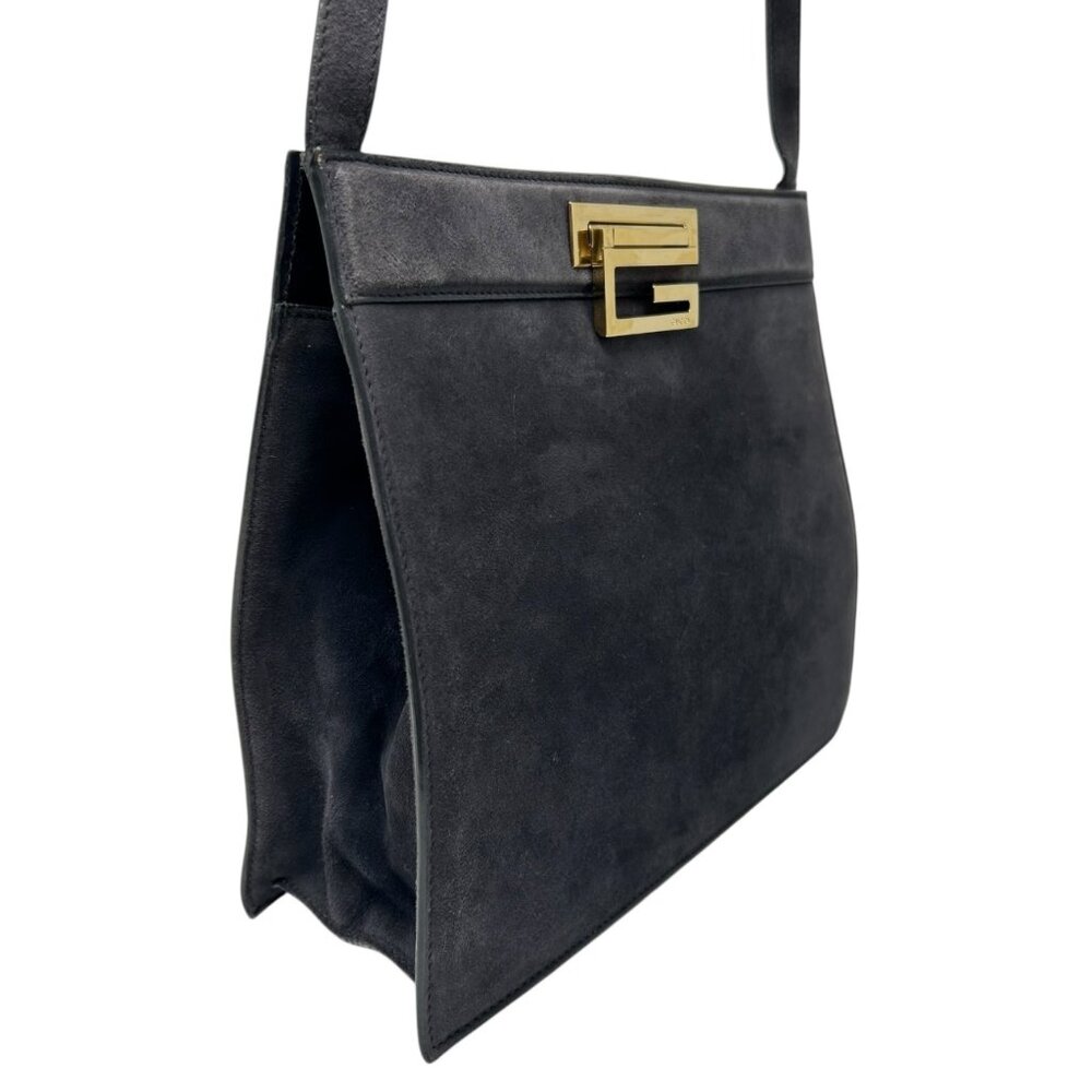 GUCCI Vintage G Square Logo Shoulder Bag Handbag Black Gold Suede [105633] - Picture 7 of 13